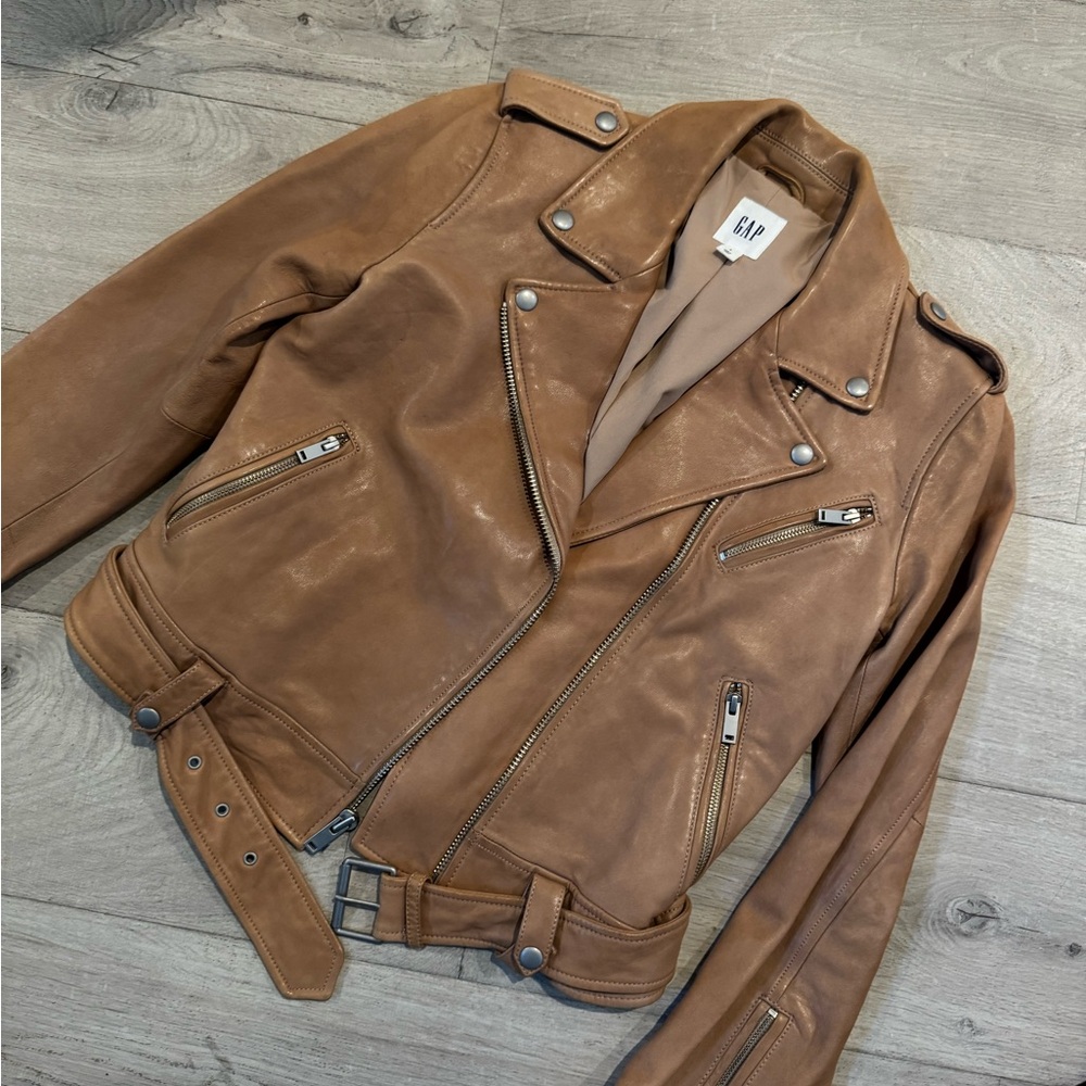 GAP Tan Leather Biker Jacket 8